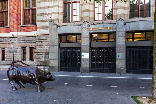 Amsterdam, The Netherlands - July 8th 2023: Closed stock exchange on a Saturday at Amsterdam Damrak.