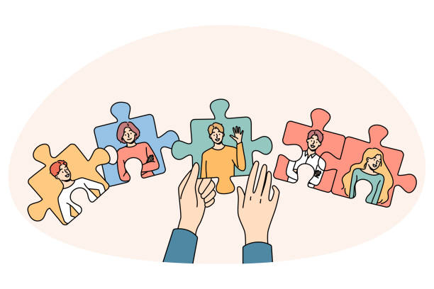 illustrazioni stock, clip art, cartoni animati e icone di tendenza di mani che uniscono puzzle con i dipendenti - human resources recruitment occupation puzzle