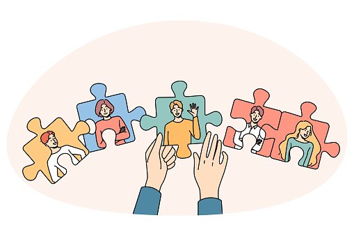 Hands joining jigsaw puzzles with employees engaged in employment and hr process. Recruiter looking for workers in team. Recruitment and hiring. Vector illustration.