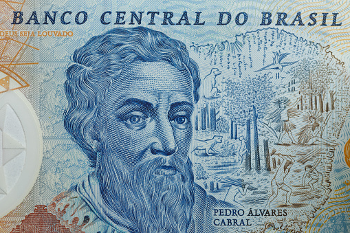Pedro Alvares Cabral, navegante y explorador portugués, Retrato de billetes de Brasil.  Deus seja louvado