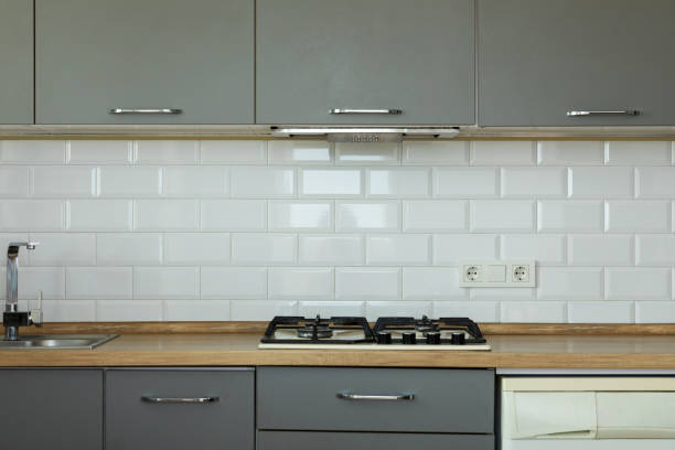 istock Blurred background of modern comfortable kitchen interior.Modern housing rental or new apartment sale.Light kitchen with cabinets and gas stove.Minimalist style.blank space.Real estate concept. 1527859505