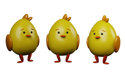 Set of 3D objects in the form of a yellow toy chicken in a pose on a white background