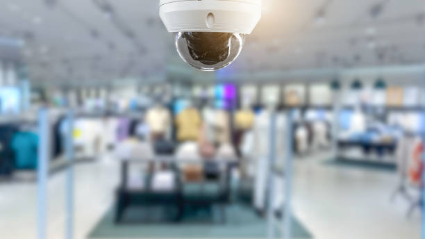 CCTV security panorama with shop store blurry background. stock photo