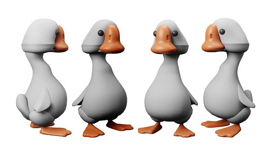 A set of 3D objects in the form of a toy gray goose on a white background