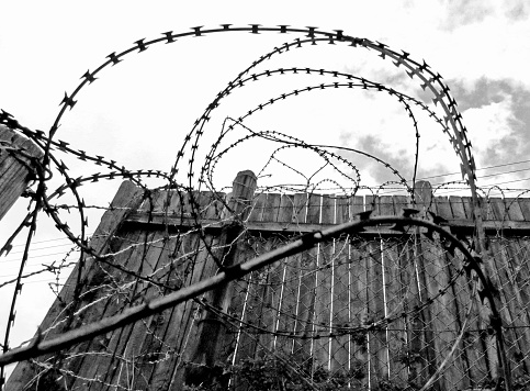 A place with electric fence and barbed wires for protection against thefts. Black and white photograph.