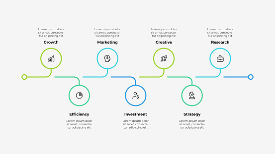 Horizontal timeline infographic from thin lines. Concept of 7 options of marketing process.