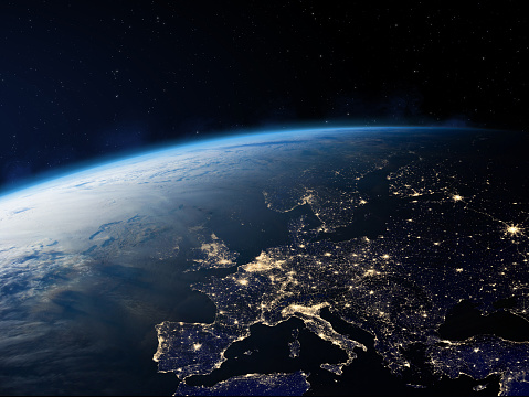 Planet Earth from the space at night. Europe at night viewed from space with city lights in Germany, France, Spain, Italy, Portugal, United Kingdom, Ireland, Greece, Turkey, Denmark, Austria, UK and other countries. Elements of this image furnished by NASA.  ______ Url(s): \nhttps://images.nasa.gov/details-iss040e074978.html\n   \nhttps://svs.gsfc.nasa.gov/30028