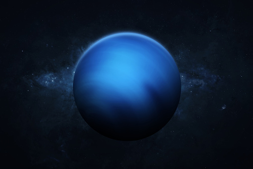 Neptune, galaxy and stars. View of Neptune - planet gas-giant of the solar system. Galaxy, stars and planet Neptune. High resolution image. This image elements furnished by NASA. ______ Url(s): \nhttps://www.jpl.nasa.gov/images/pia03653-the-milky-way-center-aglow-with-dust\nhttps://photojournal.jpl.nasa.gov/catalog/pia01492