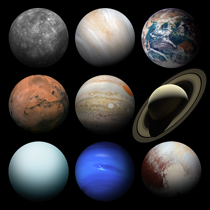 Solar system planets isolated on black for ease of use and integration into your design. Mercury, Venus, Earth, Mars, Jupiter, Saturn, Uranus, Neptune, Pluto. High quality image. Elements of this image furnished by NASA. ______ Url(s): https://photojournal.jpl.nasa.gov/catalog/pia01492 https://solarsystem.nasa.gov/resources/683/valles-marineris-the-grand-canyon-of-mars/\nhttps://photojournal.jpl.nasa.gov/catalog/PIA23791 https://photojournal.jpl.nasa.gov/catalog/PIA18182 https://www.nasa.gov/image-feature/pluto-dazzles-in-false-color https://images.nasa.gov/details-GSFC_20171208_Archive_e002130 https://photojournal.jpl.nasa.gov/catalog/PIA16858 https://photojournal.jpl.nasa.gov/catalog/PIA22946 https://photojournal.jpl.nasa.gov/catalog/PIA21345