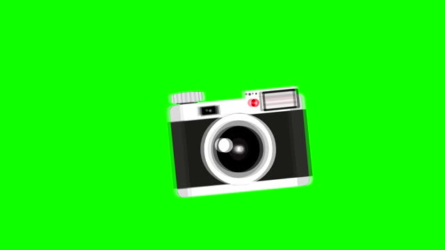 Vector animation of cartoon camera shooting with green background, icon, Loop.