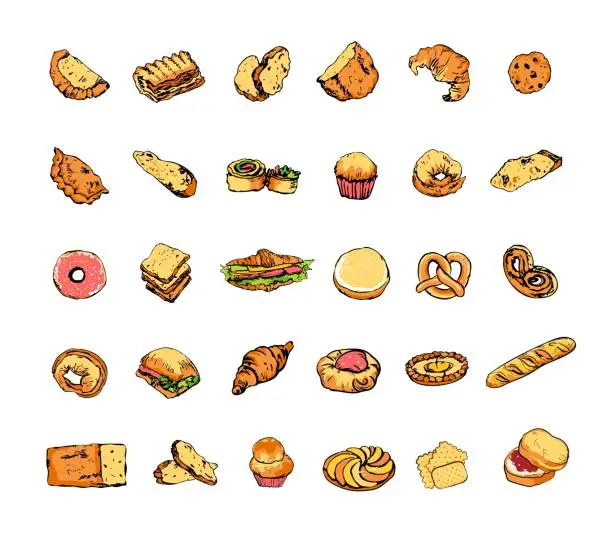 Vector illustration of Set of baked items, bread, sweet buns and filled pastries