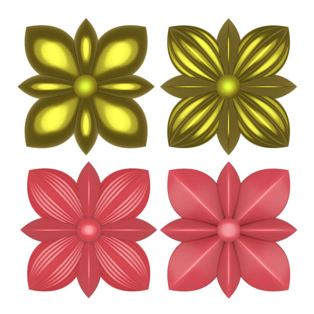 A set of 3D objects of an openwork carved decorative element of a square shape of different colors on a white background