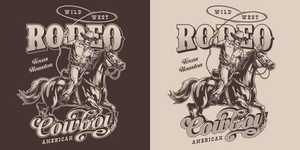 Cowboys rodeo monochrome vintage flyer with man using lasso while horseback chasing animal on hunting or race vector illustration