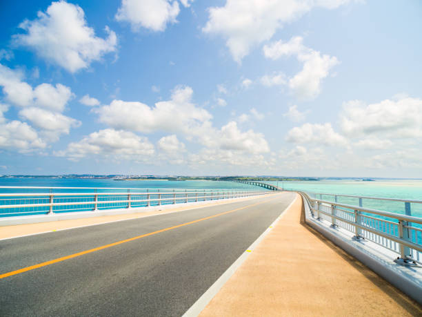 Long and beautiful Irabu Ohashi Bridge on Miyako island stock photo