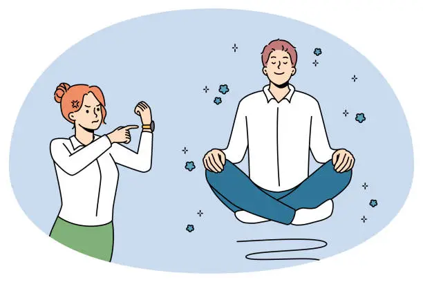 Vector illustration of Calm man meditate at work