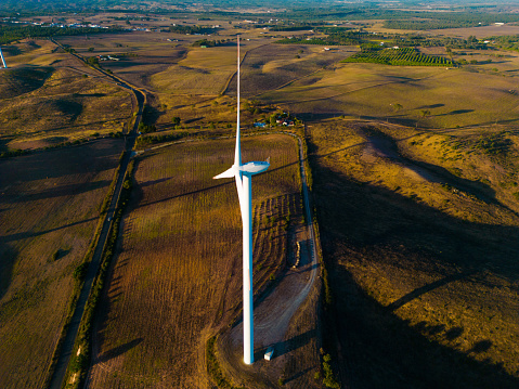 Aerial images of wind structures implemented with clean energy using wind in Alentejo