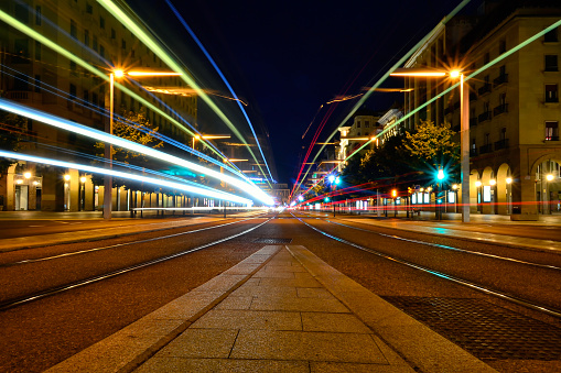 Light trails from the tram in Paseo Independencia, Zaragoza