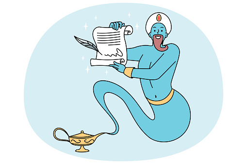 Blue genie from golden bottle holding paper granting wishes. Jinn with magic powers showing poster with desires. Cartoon character fairy tale. Vector illustration.
