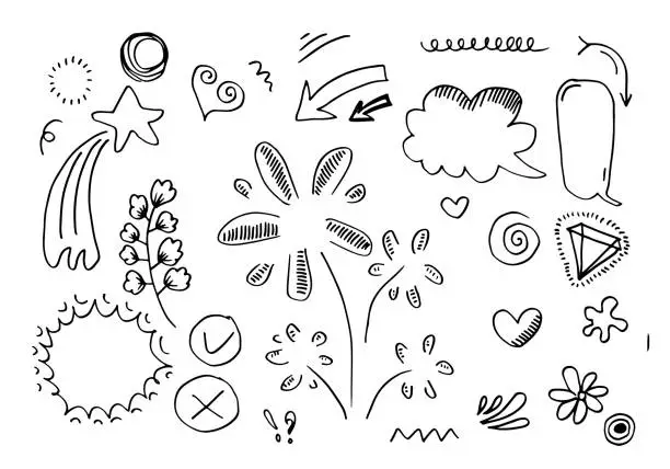 Vector illustration of hand drawn set elements, black on white background. cloud, star, arrow, leaf, flower, diamond, speech bubble, heart, light, king, emphasis, swirl, for concept design.