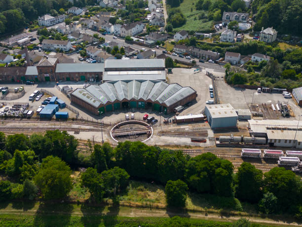 an aerial view of the st blazey roundhouse and engine sheds in cornwall, uk - railroad junction audio imagens e fotografias de stock