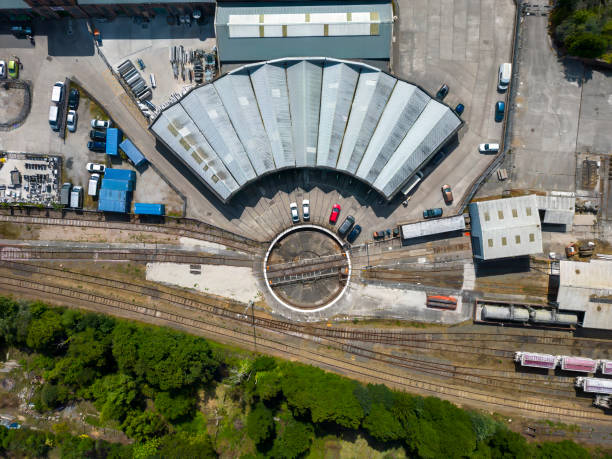 an aerial view of the st blazey roundhouse and engine sheds in cornwall, uk - railroad junction audio imagens e fotografias de stock