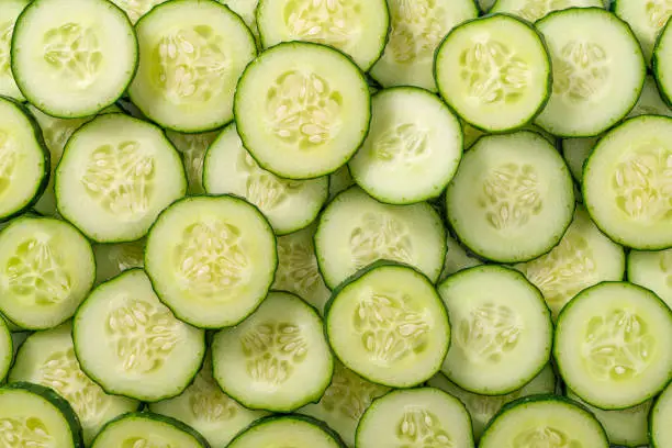 Cucumber slices arrangement in a row composition full frame background summer vegetables