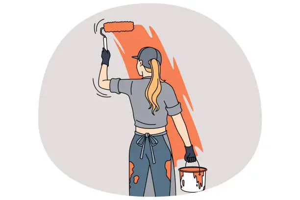 Vector illustration of Woman painting room wall with roller