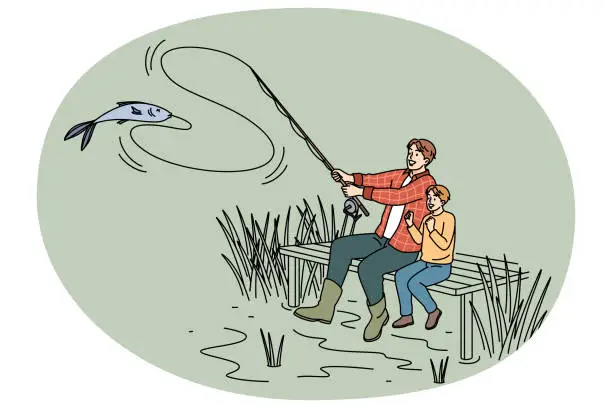 Vector illustration of Happy father and son fishing together