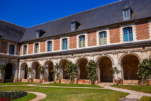 Argoules, france, june 16, 2023 : interiors and architectural details of  the gardens and cloister in cistercian Valloires abbey, built 12th to 14th centuries