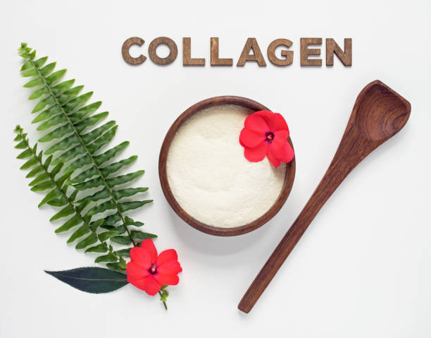 Collagen Peptides in Bowl with Fern and Flowers stock photo