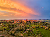 Pienza Tuscan town from drone at dusk