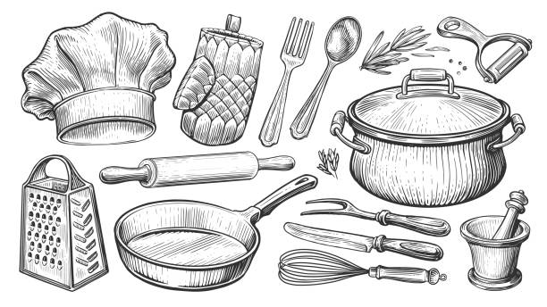 bildbanksillustrationer, clip art samt tecknat material och ikoner med cooking concept. kitchen utensils set in vintage engraving style. sketch vector illustration - kökstillbehör