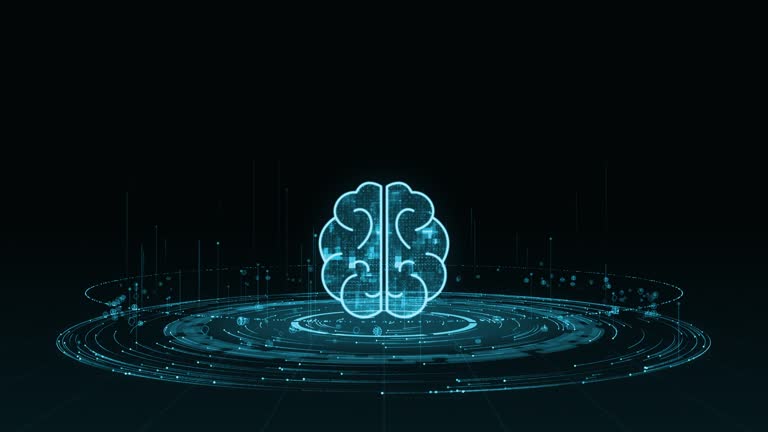 Motion graphic of Blue digital brain logo with particle ring circle rotation and ai technology icon on futuristic abstract background artificial intelligence technology and machine learning concepts
