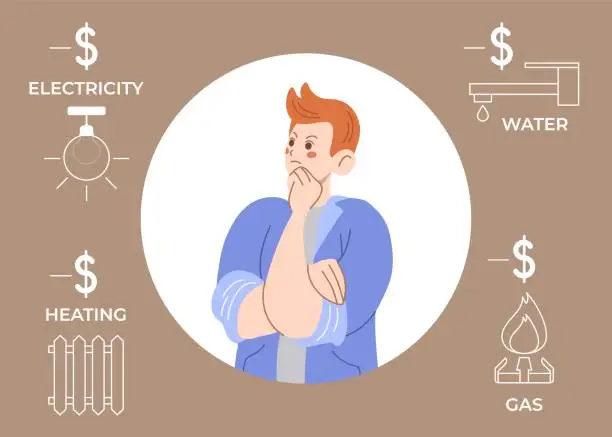 Vector illustration of Man thinking about payment of utility service. Male character with money problems. Guy has problems with payments of bills. Vector illustration of loss, crisis, trouble