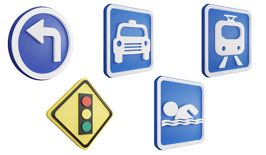 Road sign side view clipart element ,3D render traffic sign concept icon set isolated on white background 16
