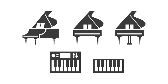 Piano flat web icon set. Grand piano, keyboard, synthesizer logo design. Keyboard instrument simple grand piano sign silhouette solid black icon vector design. Musical instruments concept