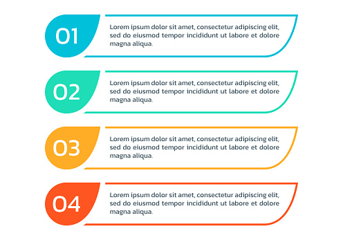 4 steps info graphic, number options, text box banners. Business presentation, layout templates. Infographic design elements, menu with three sections. Vector illustration.