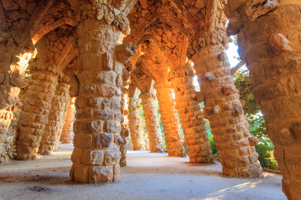 Columns designed by Antoni Gaudi in park Guell in Barcelona, Spain stock photo