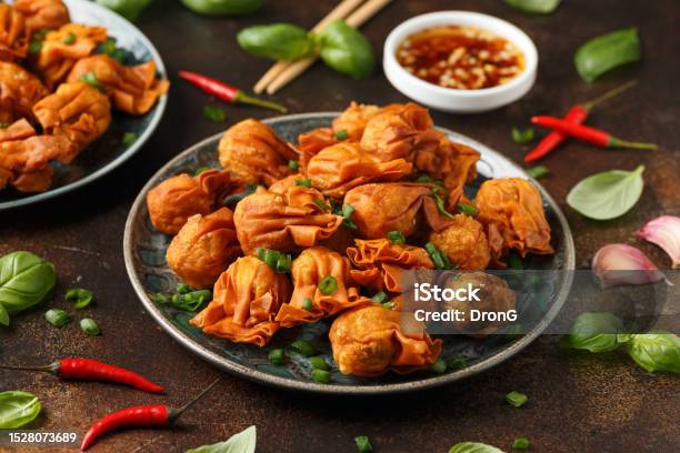 Crispy Fried Wonton With Prawn And Pork Filling Asian Food Stock Photo - Download Image Now