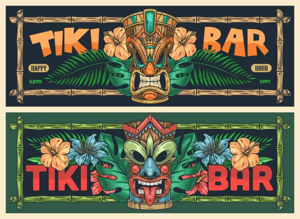 illustrazioni stock, clip art, cartoni animati e icone di tendenza di tiki bar set banner colorati - tiki