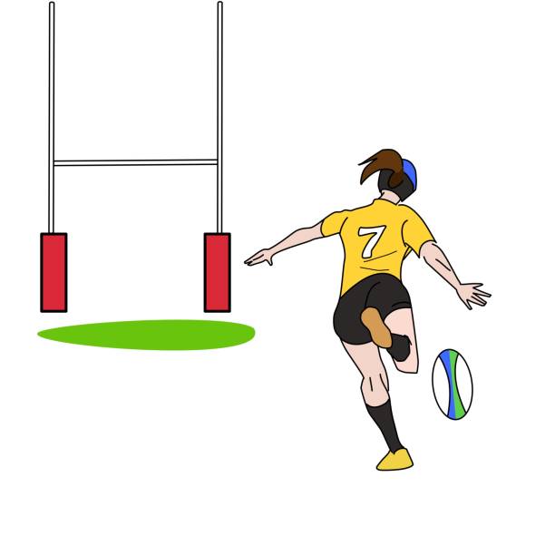 illustrations, cliparts, dessins animés et icônes de une femme donnant un coup de pied dans un ballon de rugby sur le poteau de but - women young women white background eastern europe