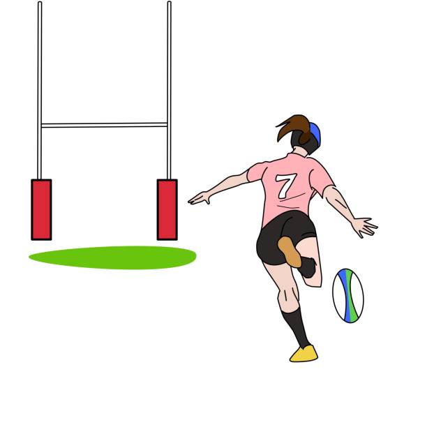 illustrations, cliparts, dessins animés et icônes de une femme donnant un coup de pied dans un ballon de rugby sur le poteau de but - women young women white background eastern europe