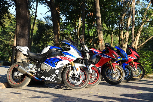 Lampang,Thailand:2023-03-09:Many big bikes beautifully arranged at one of the parks.