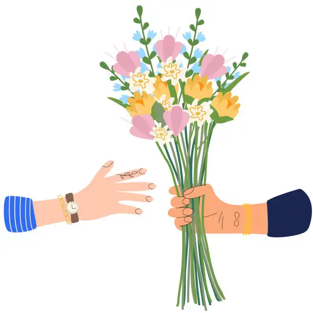 Vector illustration of Bouquet of flowers in hands. A hand Giving Flower Bouquet.Gift for Holiday, Romance Present, Anniversary or Birthday Celebration.