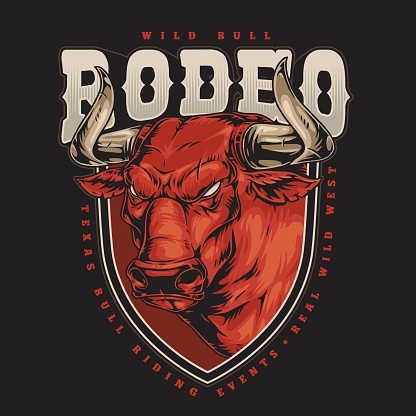 Bull rodeo vintage sticker colorful with red wild cow with horns and aggressive look to advertise extreme competitions vector illustration