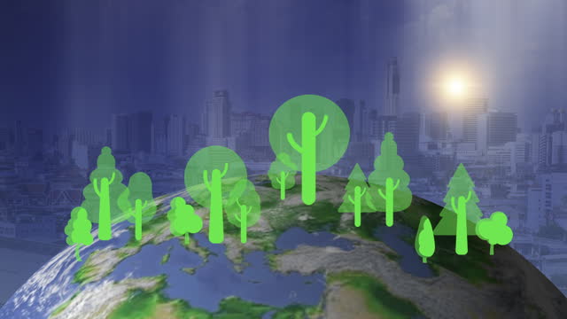 Planet earth with virtual tree icons. Net zero greenhouse gas emissions target. Climate neutral long term strategy. Ecological, renewable energy and save environment concept