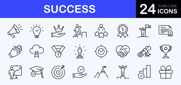 ilustraciones, imágenes clip art, dibujos animados e iconos de stock de conjunto de iconos web de éxito. éxito empresarial: colección simple de iconos de línea delgada. contiene liderazgo, metas, ambición, logros, desafíos, recompensas, ganadores, estrellas, copas y más. conjunto de iconos web simples - set goals