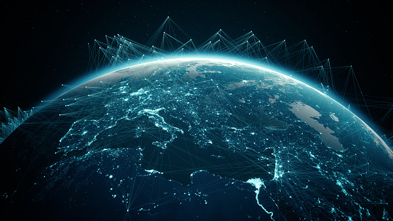 Globe viewing from space at night with 5G connections between cities.\n(World Map Courtesy of NASA: https://visibleearth.nasa.gov/view.php?id=55167)