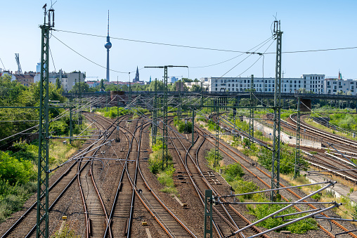 High angle view of railroad tracks against Berlin skyline, Berlin Prenzlauerberg Bösebrücke Borholmer Strasse