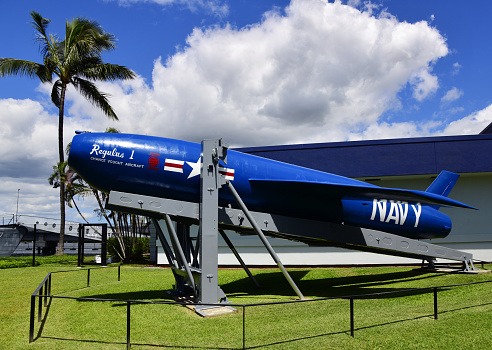 Pearl Harbor / Puʻuloa, Oahu Island, Hawaii, USA: SSM-N-8A Regulus or the Regulus I was a United States Navy-developed ship-and-submarine-launched, nuclear-capable turbojet-powered second generation cruise missile - a development of the German V-1 missile flying bomb / (Vergeltungswaffe 1 / Fi 103) by the Chance Vought Aircraft Company -  in public display, non-ticketed area